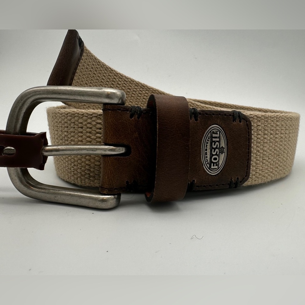 FOSSIL Cotton Leather BELT Silver Buckle FULTON KHAKI Men’s 36 1-1/3” wide Brown